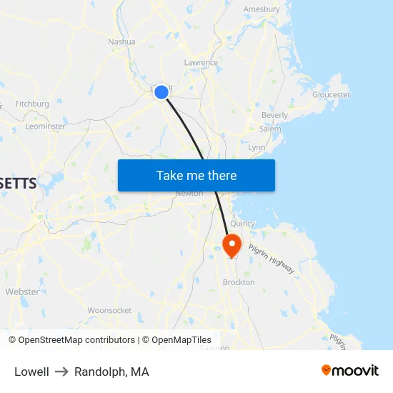 Lowell to Randolph, MA map