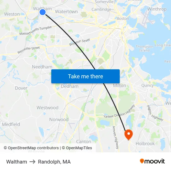 Waltham to Randolph, MA map