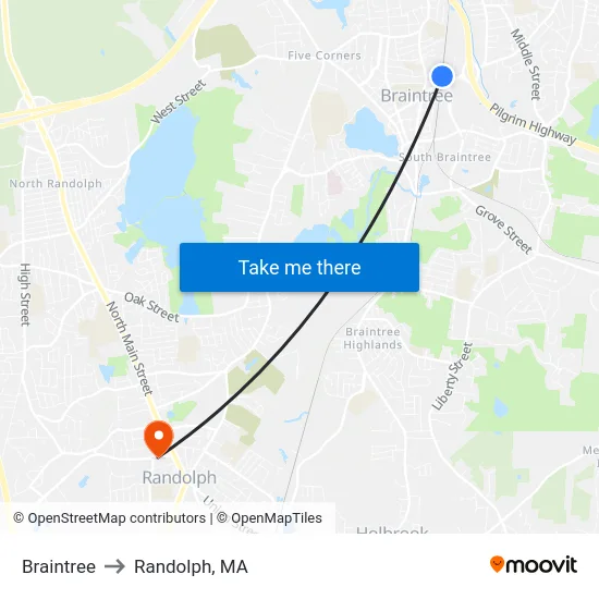 Braintree to Randolph, MA map