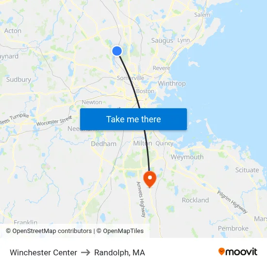 Winchester Center to Randolph, MA map