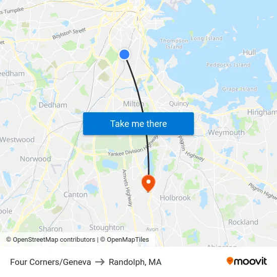 Four Corners/Geneva to Randolph, MA map