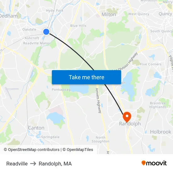 Readville to Randolph, MA map
