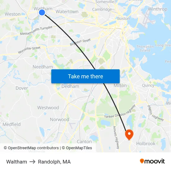 Waltham to Randolph, MA map