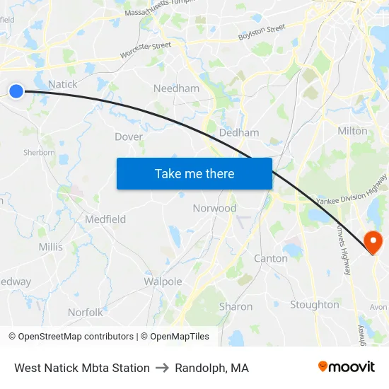 West Natick Mbta Station to Randolph, MA map