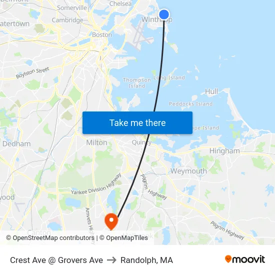 Crest Ave @ Grovers Ave to Randolph, MA map