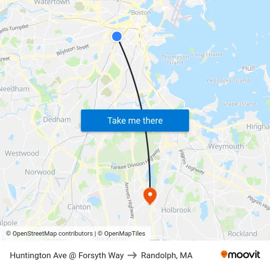 Huntington Ave @ Forsyth Way to Randolph, MA map