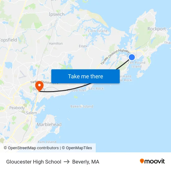 Gloucester High School to Beverly, MA map