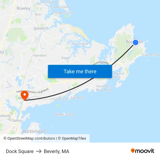 Dock Square to Beverly, MA map