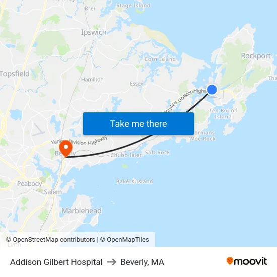 Addison Gilbert Hospital to Beverly, MA map