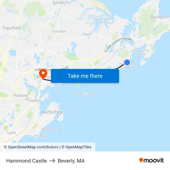 Hammond Castle to Beverly, MA map