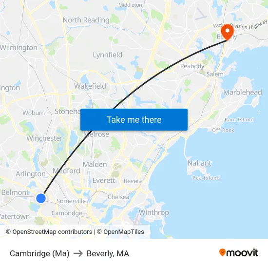 Cambridge (Ma) to Beverly, MA map