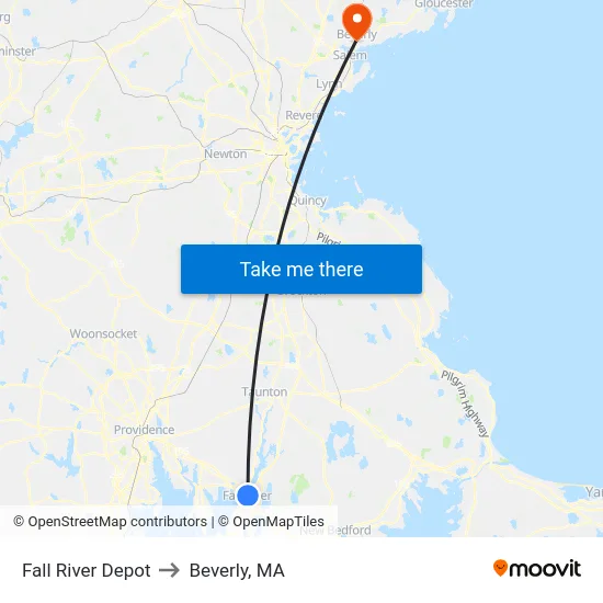 Fall River Depot to Beverly, MA map
