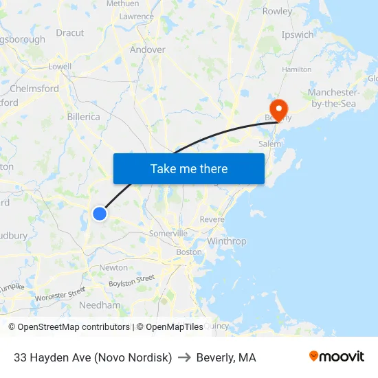33 Hayden Ave (Novo Nordisk) to Beverly, MA map
