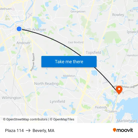 Plaza 114 to Beverly, MA map
