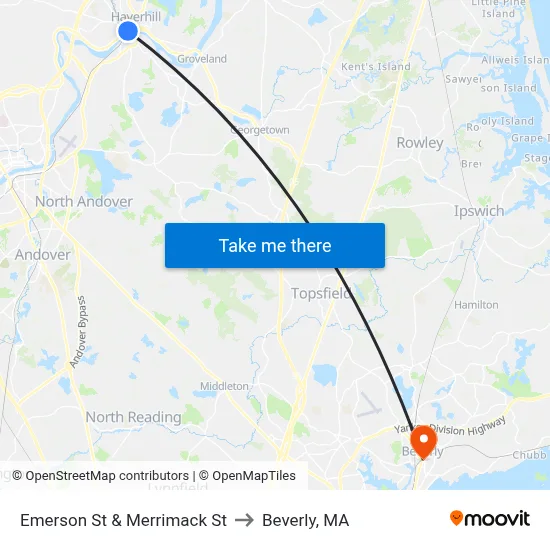Emerson St & Merrimack St to Beverly, MA map