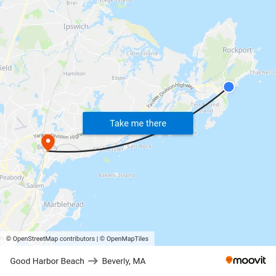 Good Harbor Beach to Beverly, MA map