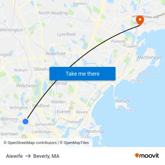 Alewife to Beverly, MA map