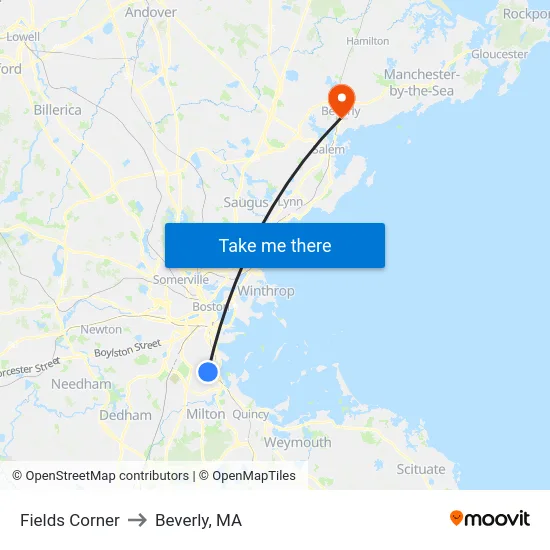 Fields Corner to Beverly, MA map