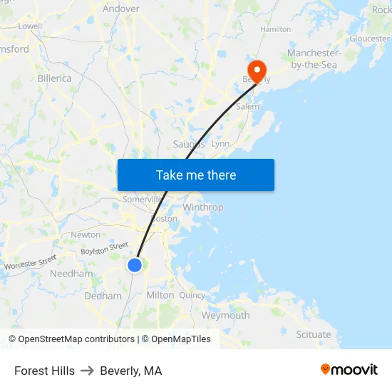 Forest Hills to Beverly, MA map