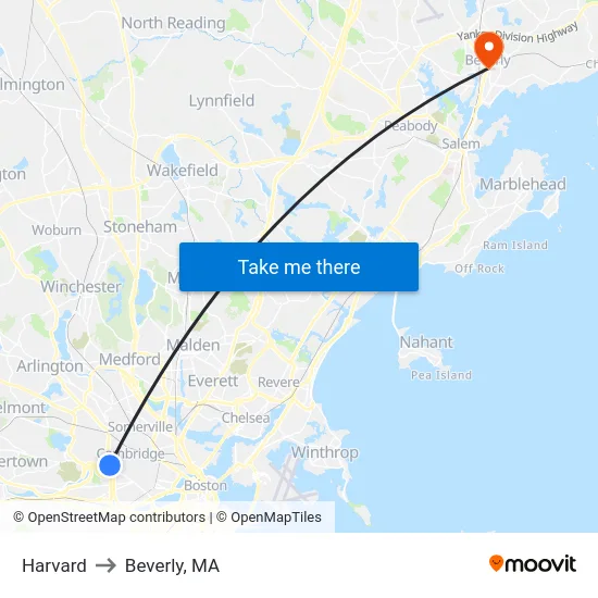 Harvard to Beverly, MA map