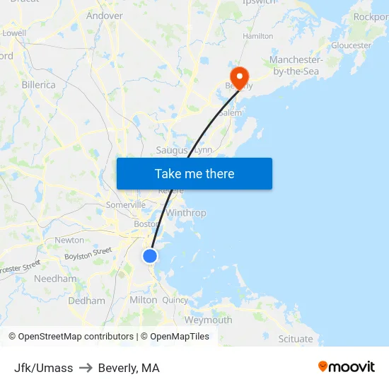 Jfk/Umass to Beverly, MA map