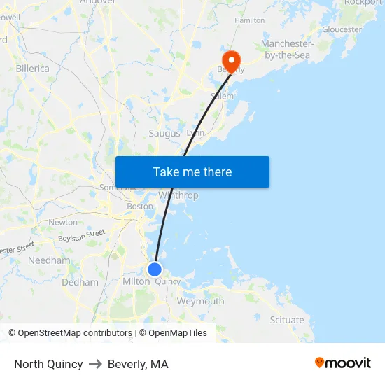 North Quincy to Beverly, MA map