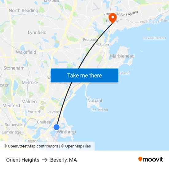 Orient Heights to Beverly, MA map