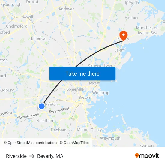 Riverside to Beverly, MA map