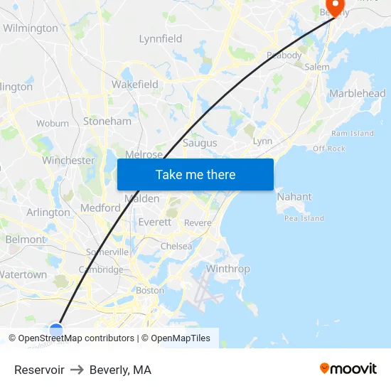 Reservoir to Beverly, MA map