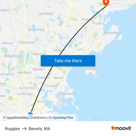 Ruggles to Beverly, MA map
