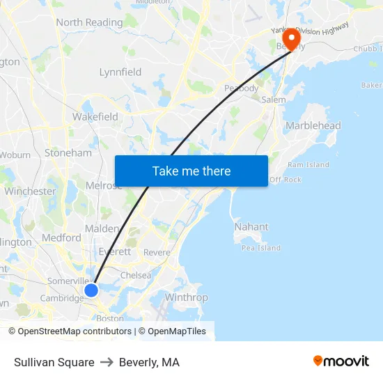 Sullivan Square to Beverly, MA map