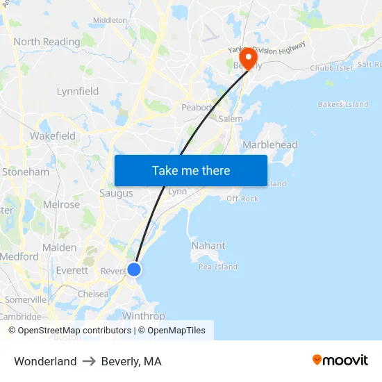 Wonderland to Beverly, MA map