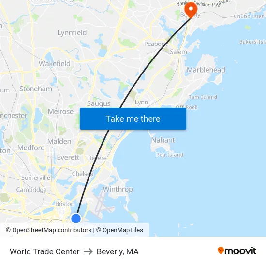 World Trade Center to Beverly, MA map