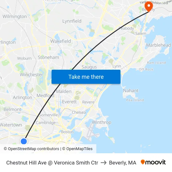 Chestnut Hill Ave @ Veronica Smith Ctr to Beverly, MA map