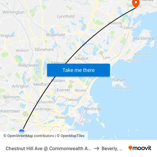 Chestnut Hill Ave @ Commonwealth Ave to Beverly, MA map