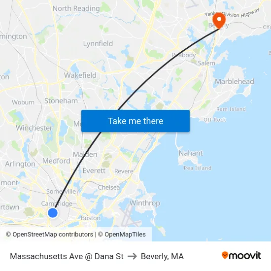 Massachusetts Ave @ Dana St to Beverly, MA map