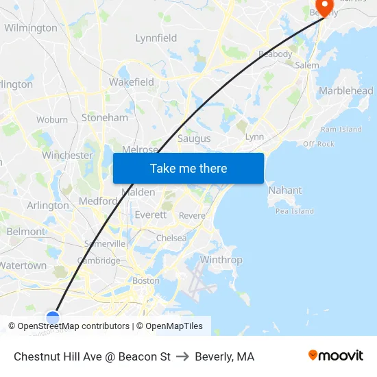 Chestnut Hill Ave @ Beacon St to Beverly, MA map