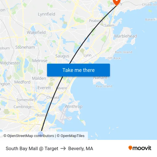 South Bay Mall @ Target to Beverly, MA map