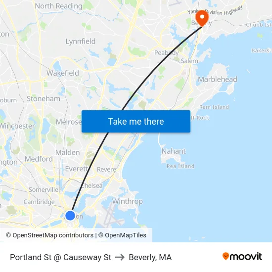 Portland St @ Causeway St to Beverly, MA map