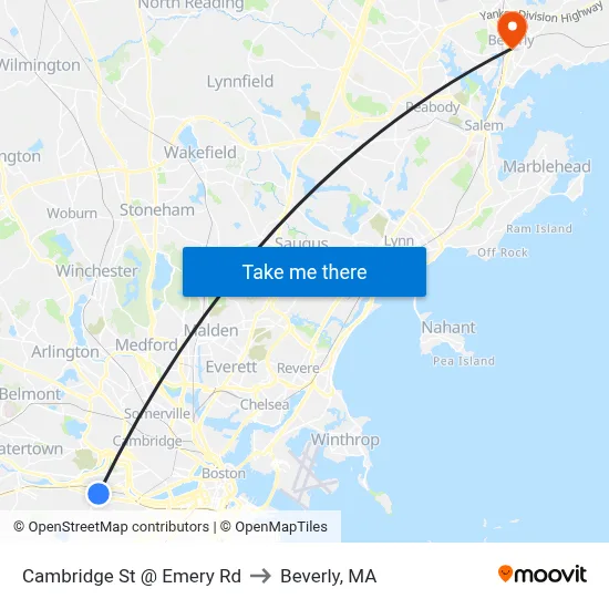 Cambridge St @ Emery Rd to Beverly, MA map