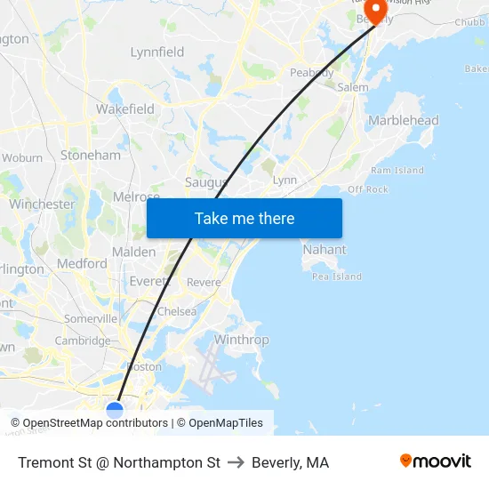 Tremont St @ Northampton St to Beverly, MA map