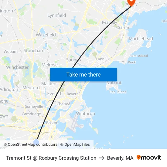 Tremont St @ Roxbury Crossing Station to Beverly, MA map