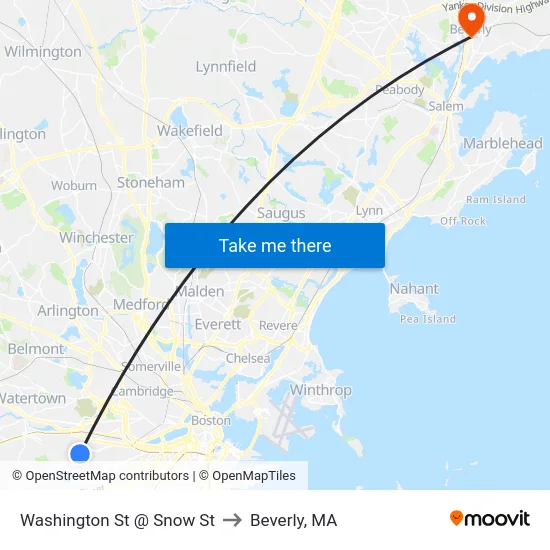 Washington St @ Snow St to Beverly, MA map