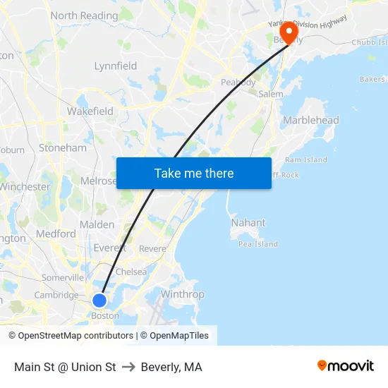 Main St @ Union St to Beverly, MA map
