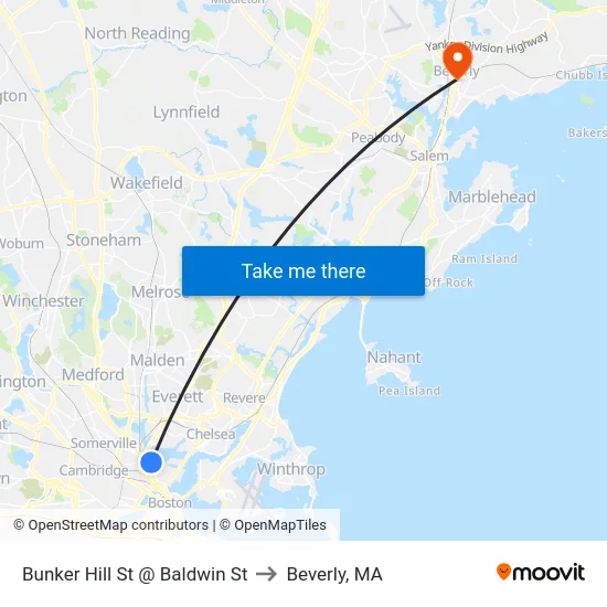 Bunker Hill St @ Baldwin St to Beverly, MA map
