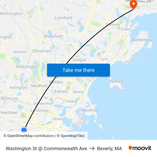 Washington St @ Commonwealth Ave to Beverly, MA map