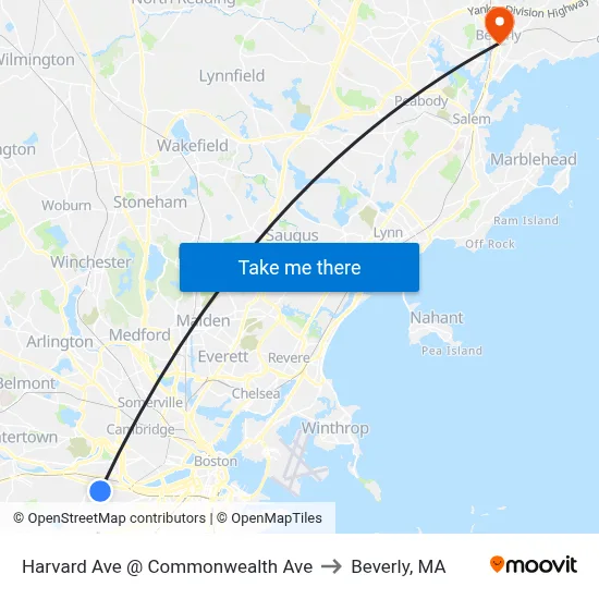 Harvard Ave @ Commonwealth Ave to Beverly, MA map