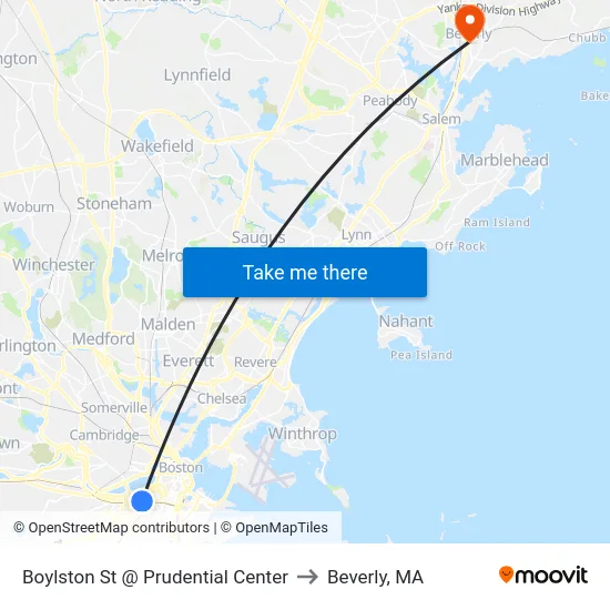Boylston St @ Prudential Center to Beverly, MA map