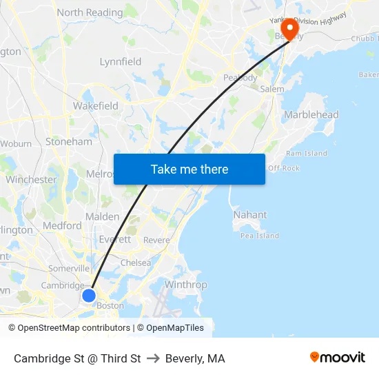 Cambridge St @ Third St to Beverly, MA map