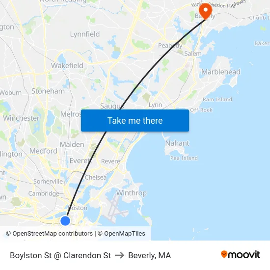 Boylston St @ Clarendon St to Beverly, MA map